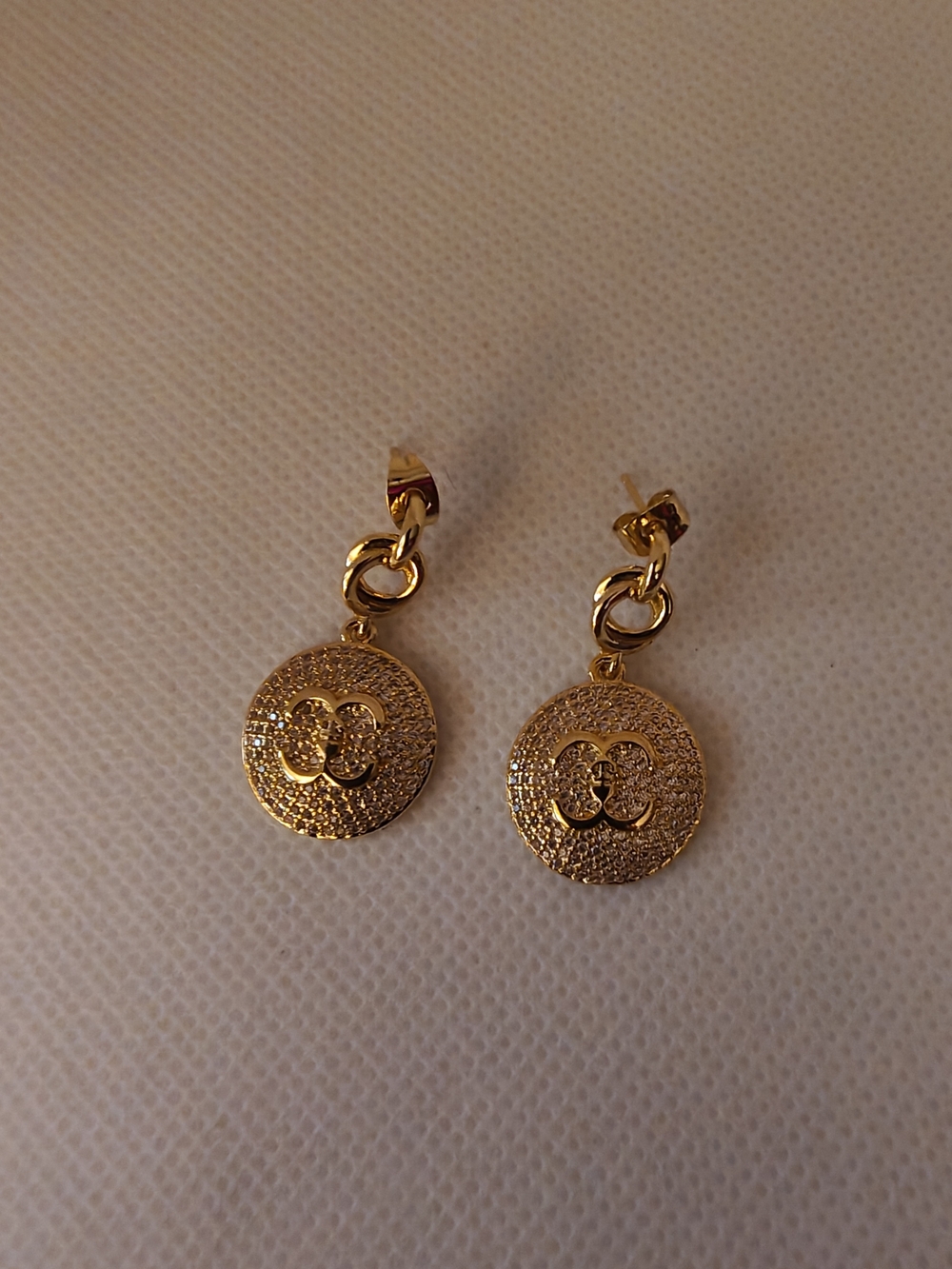 Textured Gold-Tone Round Drop Earrings with Interlocking Motif